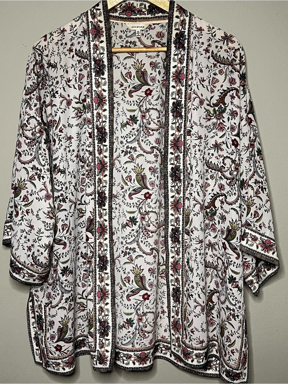 Max Studio Floral Paisley Open Front Cardigan Coverup Women M/L Tan Burgundy